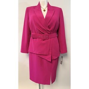 NEW $349 Tahari ASL Skirt Suit Womens Sz 18W 2 Pc Set Pink Belted Blazer Midi